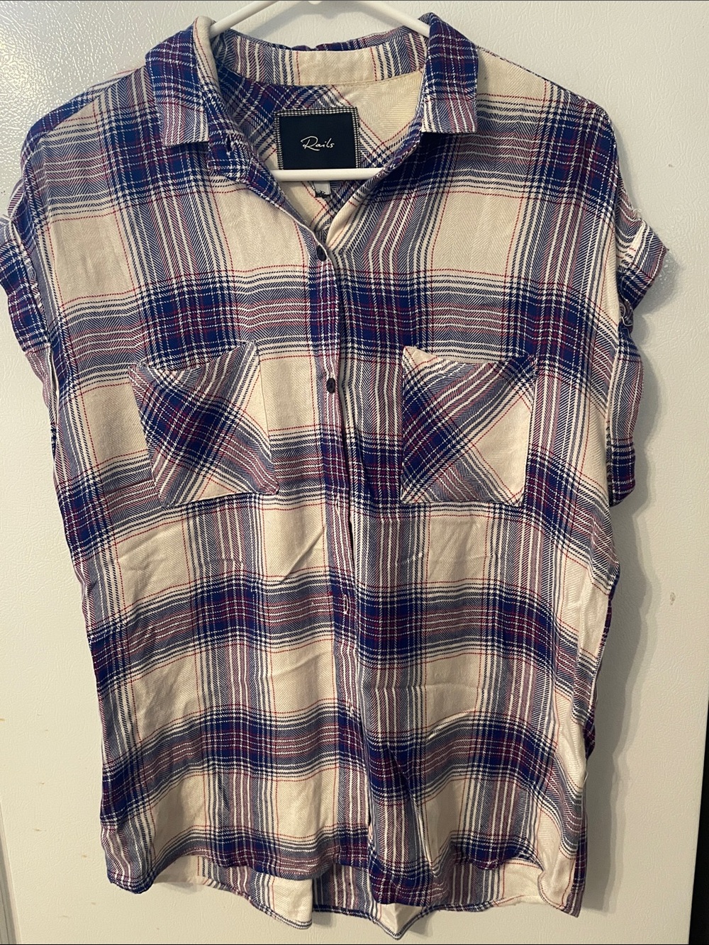 Rails Womens XS 100% Rayon Button Down Short Sleeve Red White Blue Patterned Top
